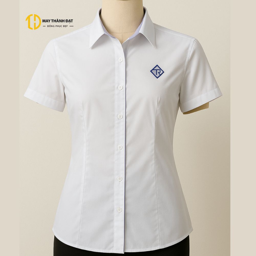 Mẫu đồng phục sơ mi nữ cộc tay màu trắng thêu logo nhỏ tinh tế