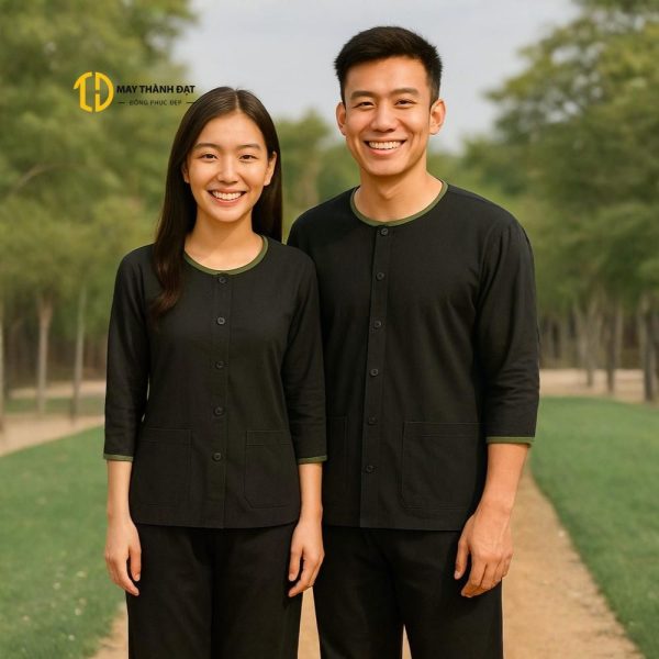 người mẫu mặc bộ bà ba đồng phục màu đen phối viền xanh rêu, dáng rộng, phù hợp nhân viên quán ăn