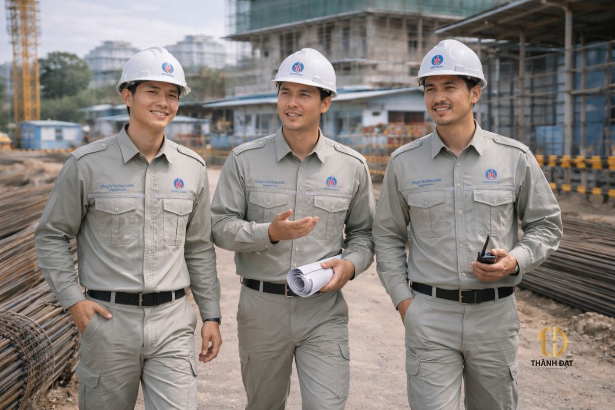 Đồng phục bảo hộ Viglacera cho công nhân xây dựng tại công trường Phú Hà, may bởi May Thành Đạt Hà Nội