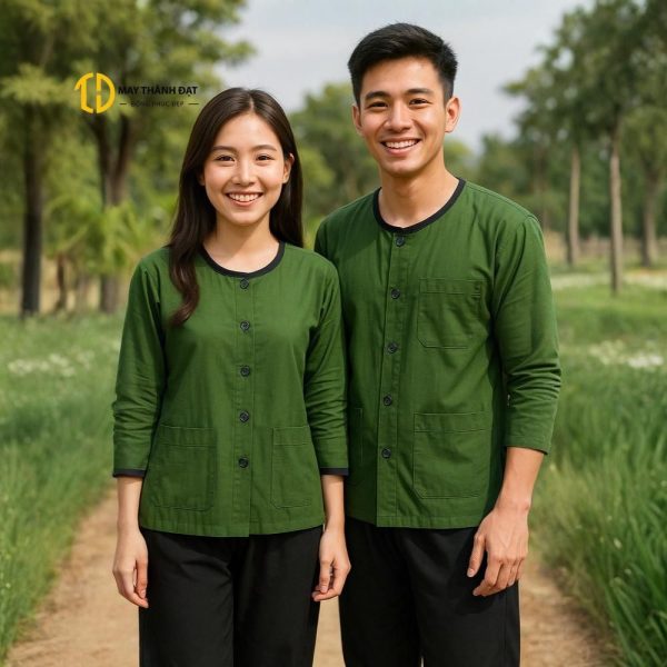 Đồng phục bà ba xanh rêu cho nhân viên quán ăn phong cách làng quê