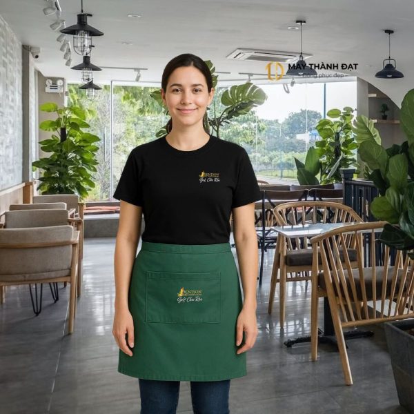 Đồng phục quán cafe gồm áo thun đen và tạp dề xanh rêu in logo
