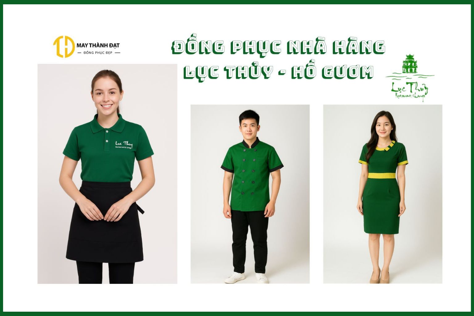 Người mẫu mặc đồng phục nhân viên nhà hàng Lục Thủy tại Hà Nội gồm áo bếp, áo polo phục vụ và váy lễ tân màu xanh rêu