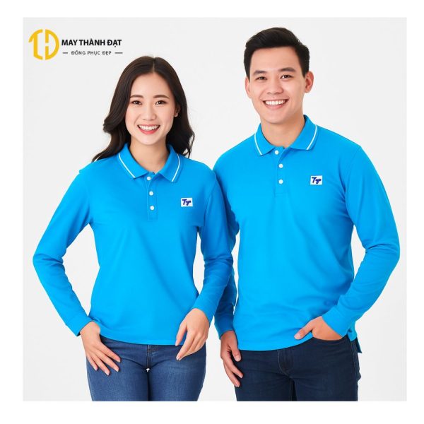 Áo polo dài tay xanh dương cổ bẻ viền trắng – May Thành Đạt Hà Nội