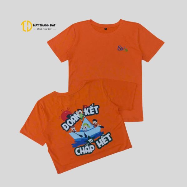 Ảnh chụp phẳng áo thun đồng phục màu cam cổ tròn cotton co giãn – May Thành Đạt Hà Nội.