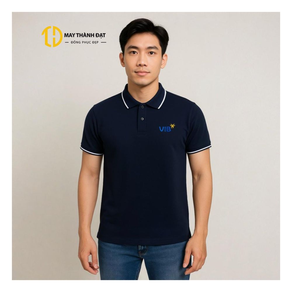 Áo phông đồng phục VIB màu xanh navy – mẫu nam cổ bẻ viền trắng, thun cá sấu co giãn