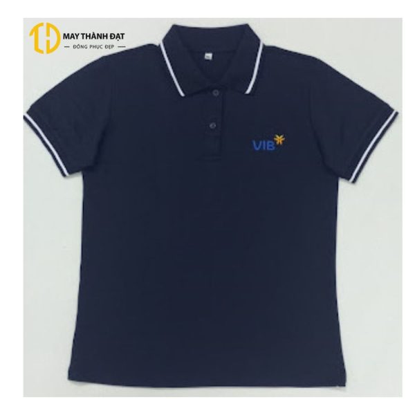Áo phông đồng phục VIB màu xanh navy – dáng nữ cổ bẻ viền trắng, thun cá sấu
