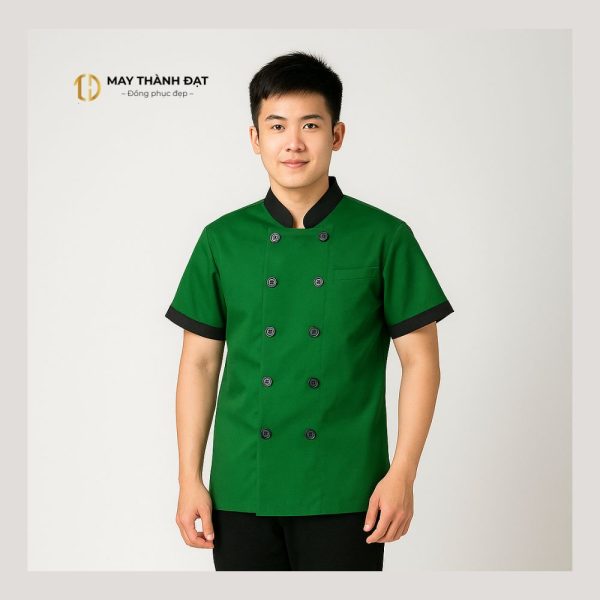 Áo bếp nam cổ tàu màu xanh rêu đậm phối viền đen nhà hàng Lục Thủy