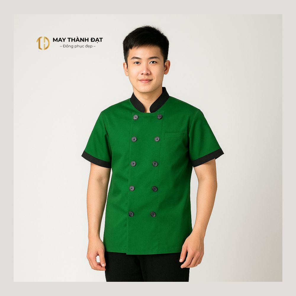 Áo bếp nam cổ tàu màu xanh rêu đậm phối viền đen nhà hàng Lục Thủy