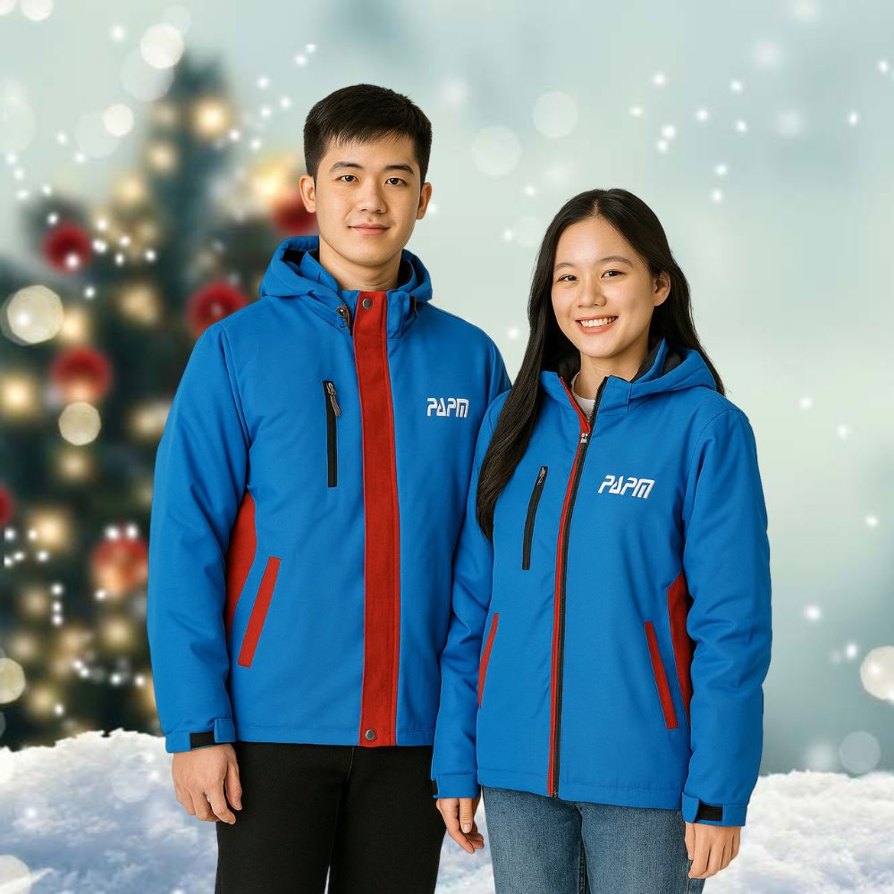 Áo khoác gió đồng phục xanh dương phối đỏ thêu logo tại Hà Nội