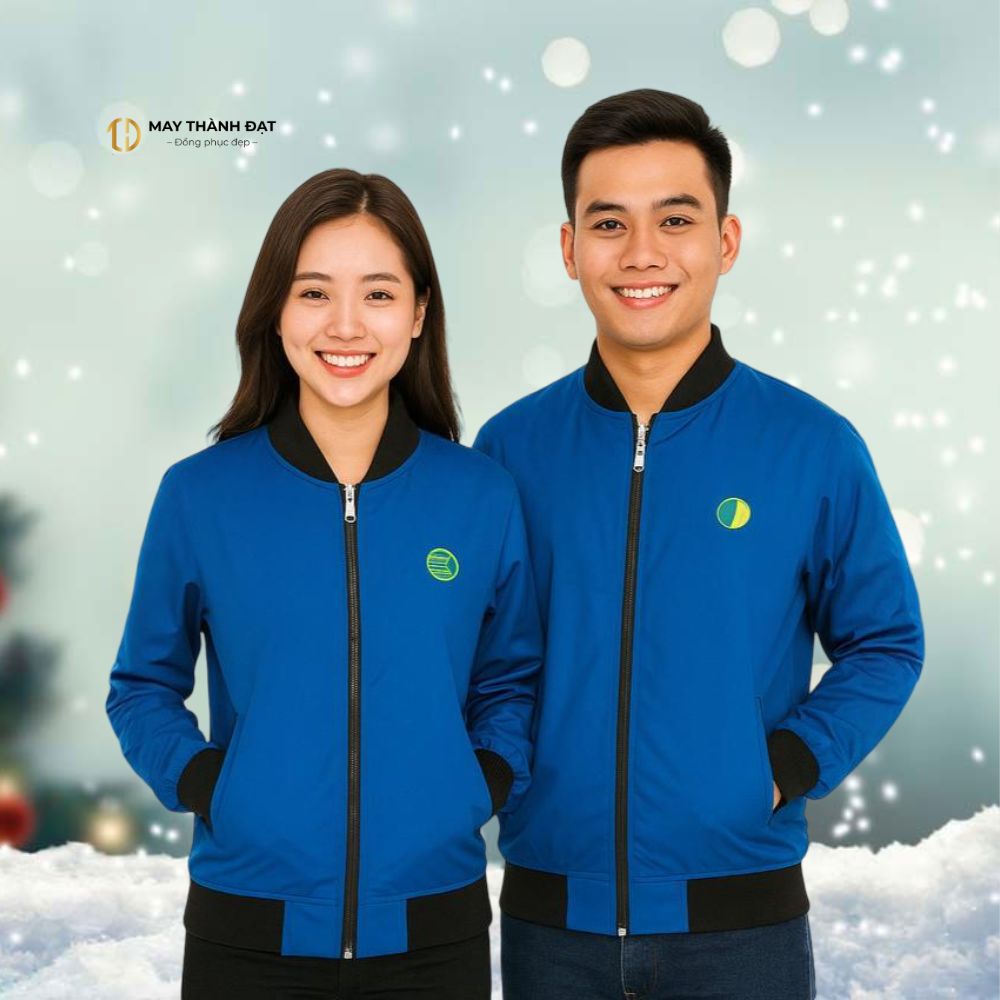Áo khoác bomber đồng phục xanh navy viền đen nam nữ – May Thành Đạt Hà Nội