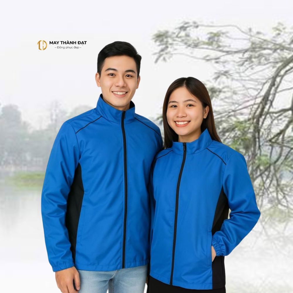 Áo khoác đồng phục xanh phối đen 3 lớp cho nam nữ – May Thành Đạt