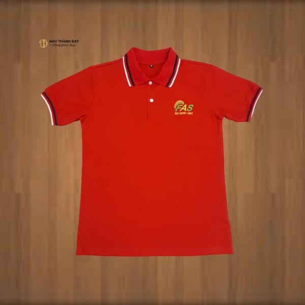 Mẫu áo phông polo đồng phục đỏ cổ viền thêu logo FAS tại Hà Nội