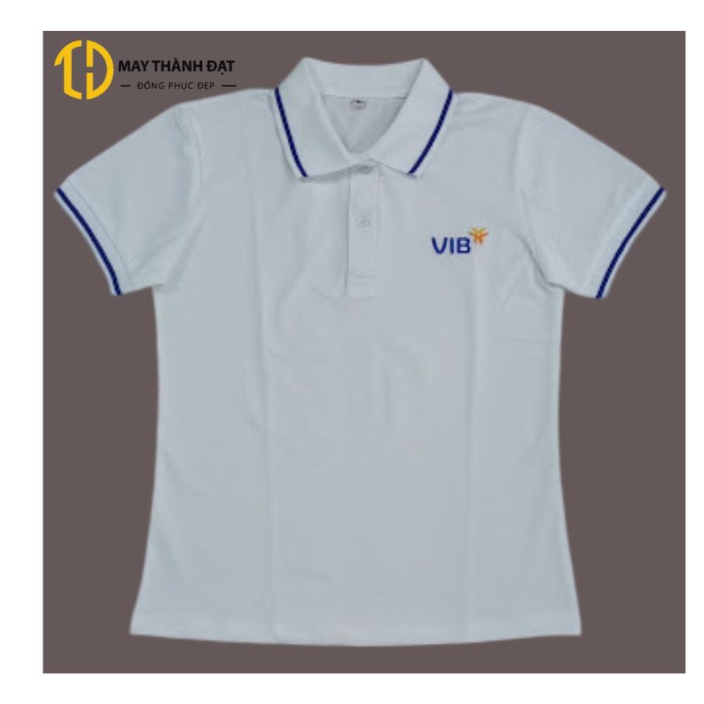 Áo polo đồng phục VIB trắng viền xanh, logo thêu – Xưởng may đồng phục Hà Nội