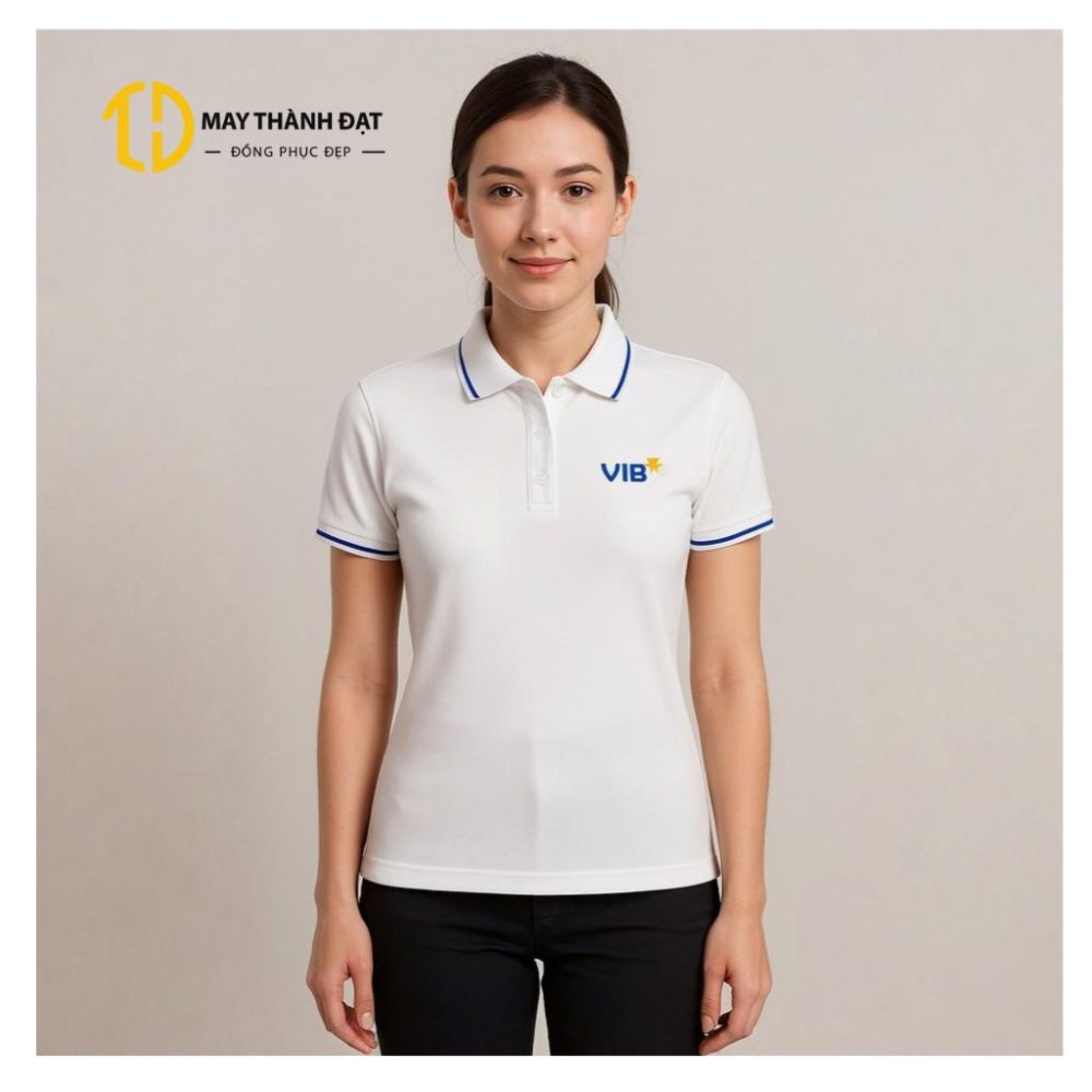 Áo phông đồng phục VIB cổ bẻ trắng, viền xanh – May Thành Đạt Hà Nội