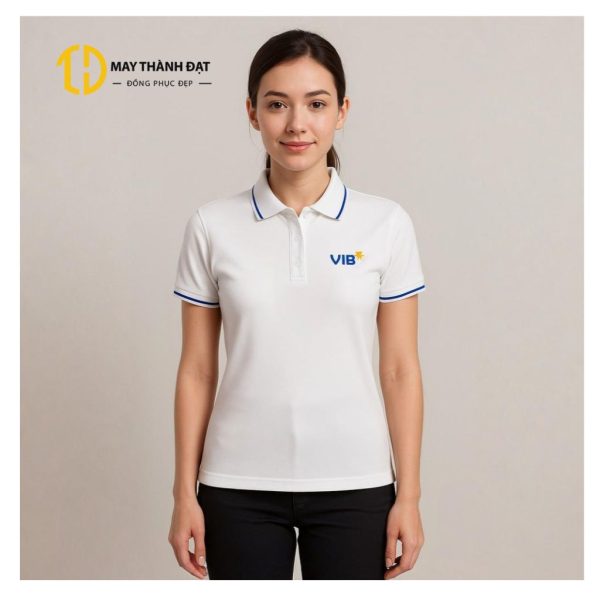 Áo phông đồng phục VIB cổ bẻ trắng, viền xanh – May Thành Đạt Hà Nội