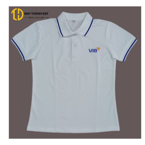 Áo polo đồng phục VIB trắng viền xanh, logo thêu – Xưởng may đồng phục Hà Nội