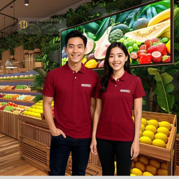 Người mẫu mặc áo phông đồng phục màu đỏ đô tại quầy thực phẩm