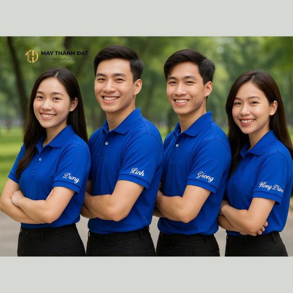Nhóm bạn trẻ mặc áo đồng phục xanh dương có thêu tên ở tay áo
