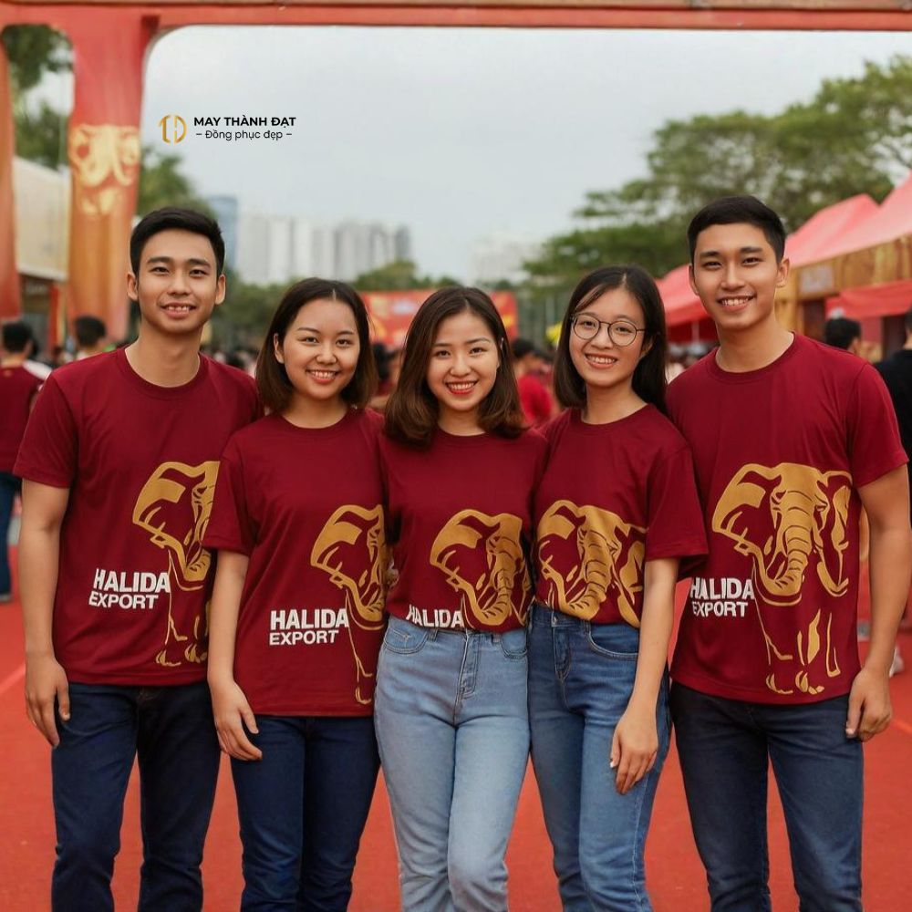 Áo phông sự kiện HALIDA EXPORT màu đỏ đô in voi vàng tại Hà Nội