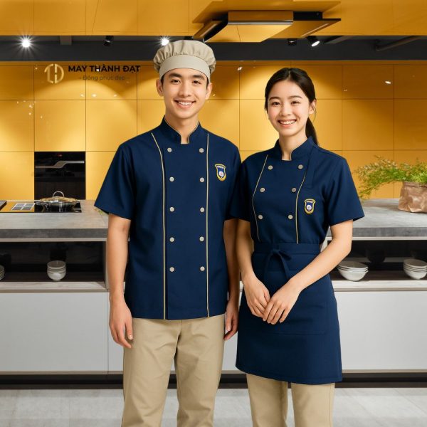 Đồng phục bếp nhà hàng cao cấp màu xanh navy phối viền vàng – May Thành Đạt
