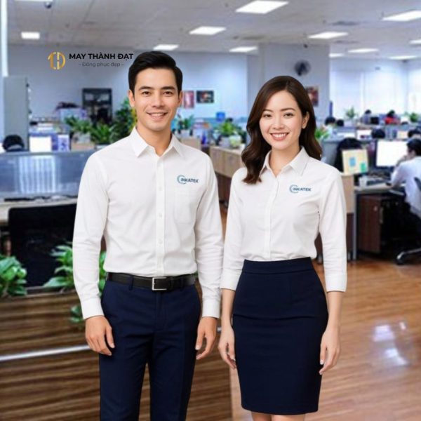 Đồng phục công sở nam nữ sơ mi trắng quần/juýp xanh navy thêu logo