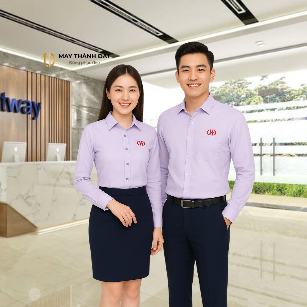 Đồng phục công sở sơ mi tím pastel dài tay, logo thêu, nam nữ – May Thành Đạt Hà Nội