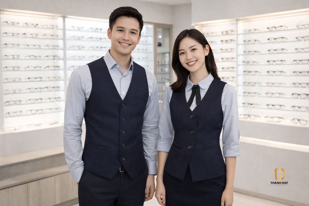 đồng phục nhân viên cửa hàng kính mắt anna do may thành đạt thực hiện