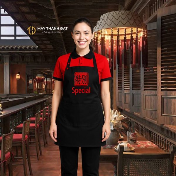 Người mẫu mặc tạp dề đen in họa tiết đỏ – đồng phục quán ăn