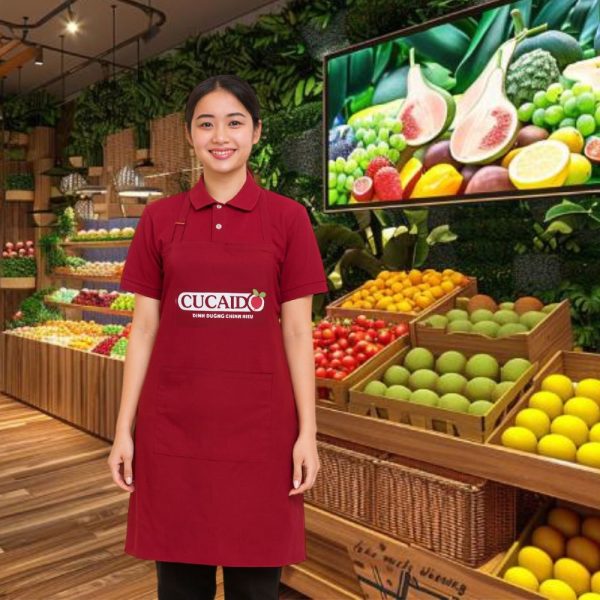 Người mẫu mặc áo phông đỏ đô đồng phục phục vụ kết hợp cùng tạp dề yếm