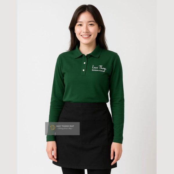 Áo phông polo đồng phục phục vụ nhà hàng tay dài màu xanh ve chai tại Hà Nội