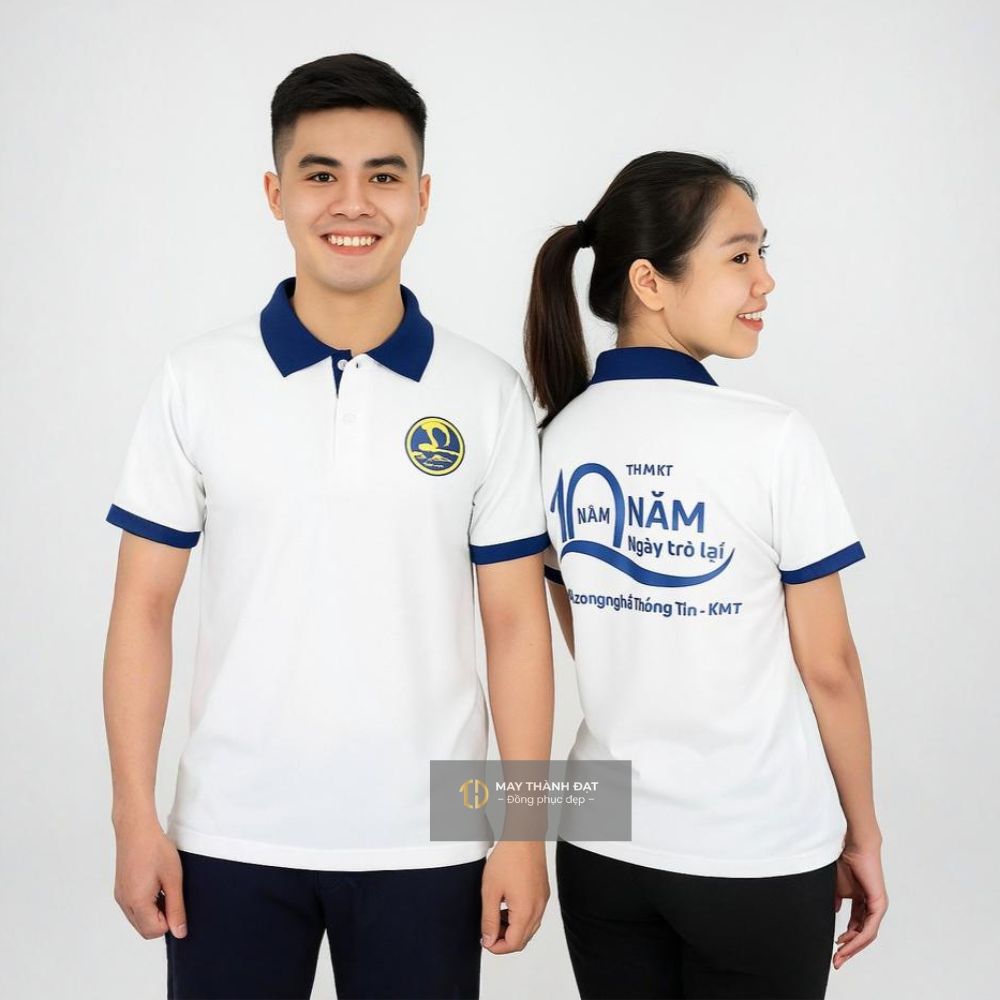 Áo phông đồng phục nhóm lớp cổ bẻ màu trắng viền xanh in logo – May đồng phục lớp Hà Nội
