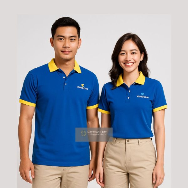Áo phông đồng phục phục vụ nhà hàng xanh dương phối vàng tại Hà Nội