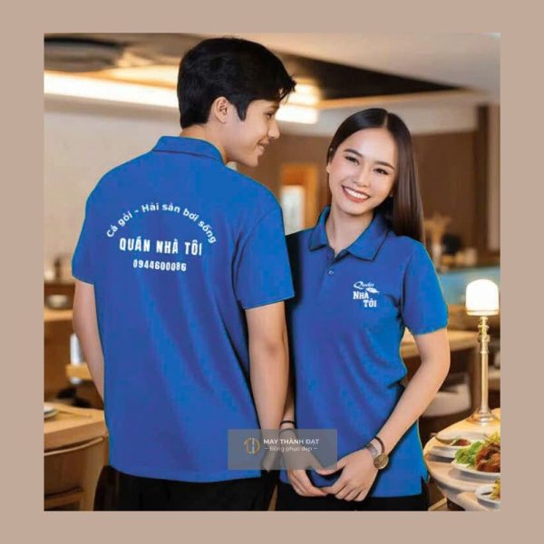 Áo phông đồng phục phục vụ nhà hàng màu xanh dương tại Hà Nội