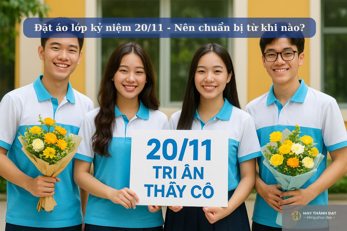 Nhóm học sinh mặc áo lớp đồng phục, cầm hoa tri ân thầy cô 20/11 – May Thành Đạt.