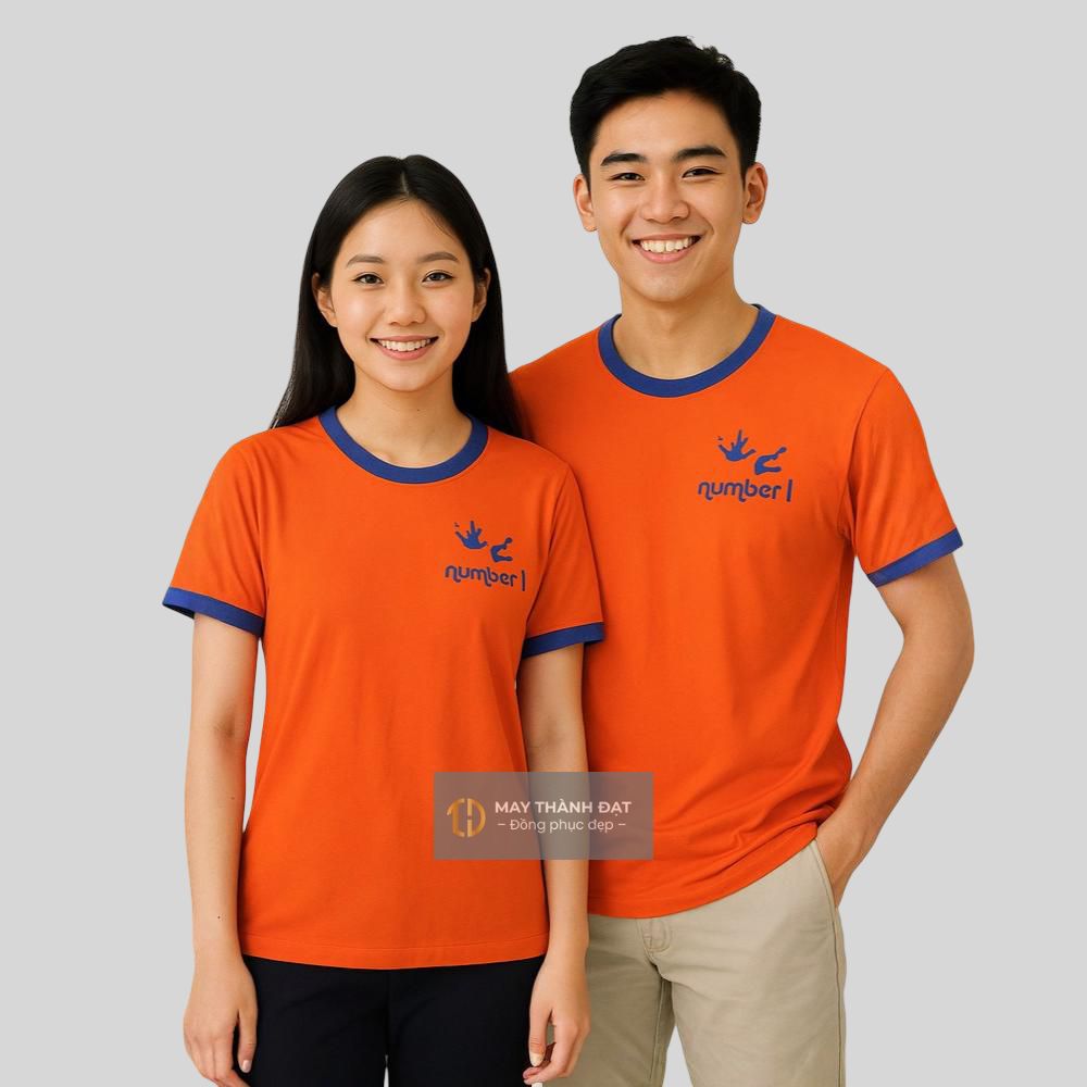 Áo thun đồng phục nhóm lớp màu cam cổ xanh unisex – May Thành Đạt