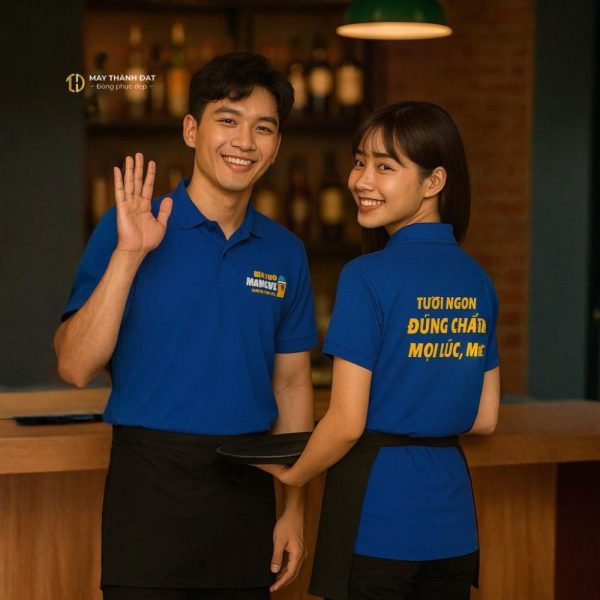Áo phông đồng phục phục vụ màu xanh bích in logo quán bia – May Thành Đạt Hà Nội