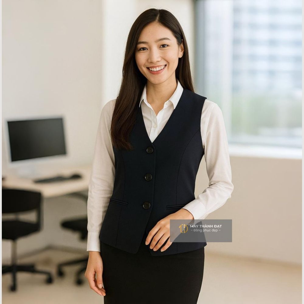 Áo gile đồng phục công sở nữ màu đen, phối sơ mi trắng, may tại May Thành Đạt