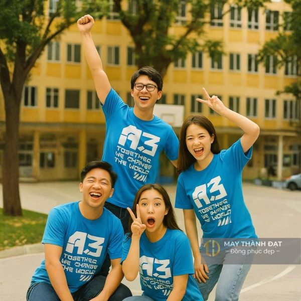 Nhóm bạn mặc áo đồng phục nhóm lớp A3 màu xanh dương đẹp tại Hà Nội – May Thành Đạt