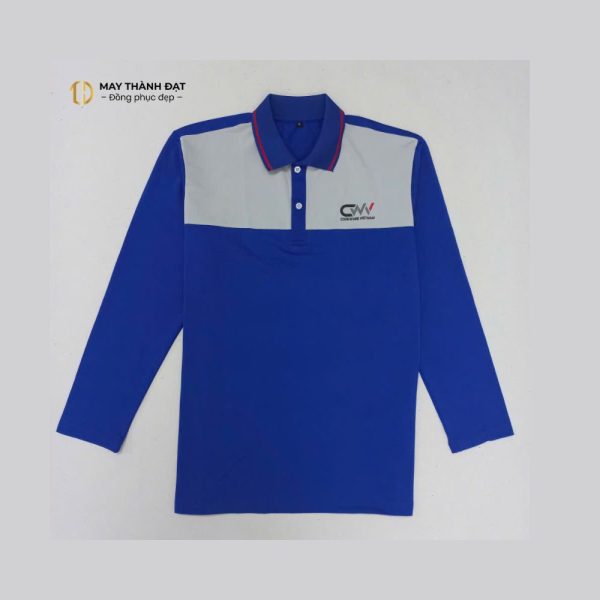 Ảnh chụp phẳng áo phông đồng phục dài tay phối ghi xanh dương – May Thành Đạt Hà Nội