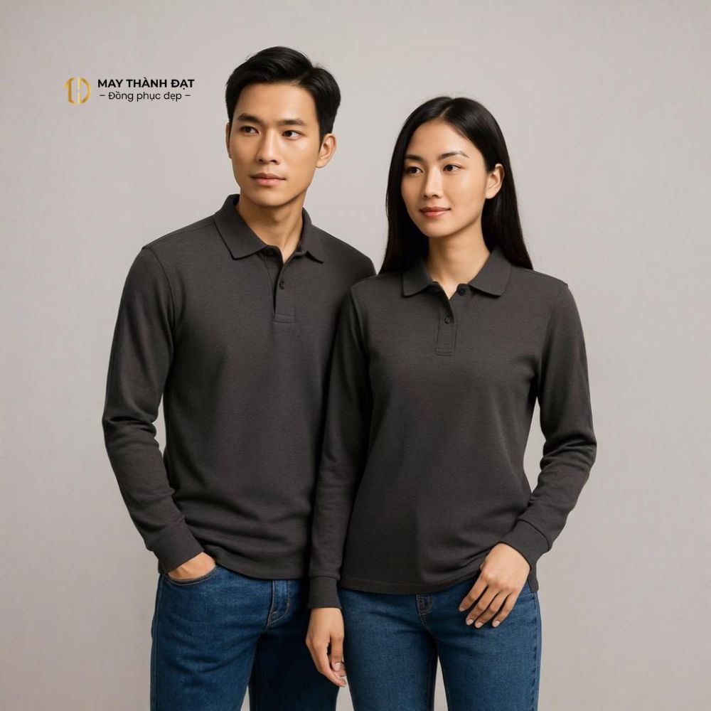 Áo polo đồng phục dài tay màu ghi đậm – May Thành Đạt Hà Nội