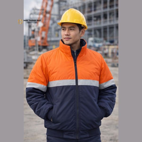 Áo khoác bảo hộ 3 lớp chần bông công nhân mặc thực tế – may đồng phục Hà Nội