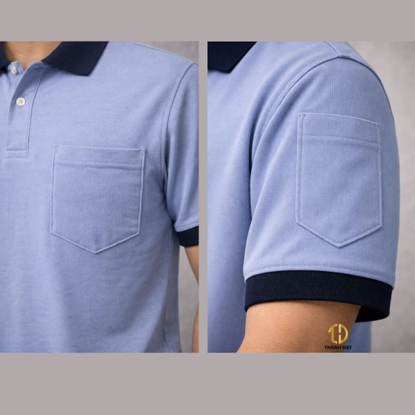 Chi tiết túi ngực, túi tay áo polo đồng phục công nhân có đường may chia ngăn tiện dụng – may đồng phục Hà Nội