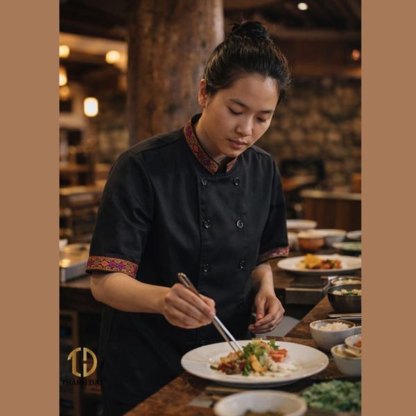 Nhân viên bếp trong mẫu áo đồng phục nhà hàng phong cách Tây Bắc tại Hà Nội