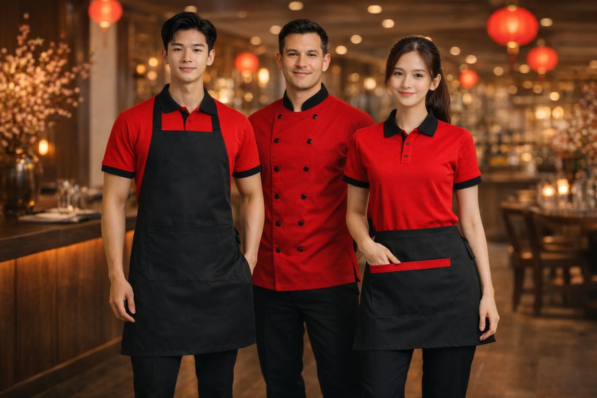 đồng phục nhà hàng đỏ phối đen khai xuân gồm phục vụ và áo bếp