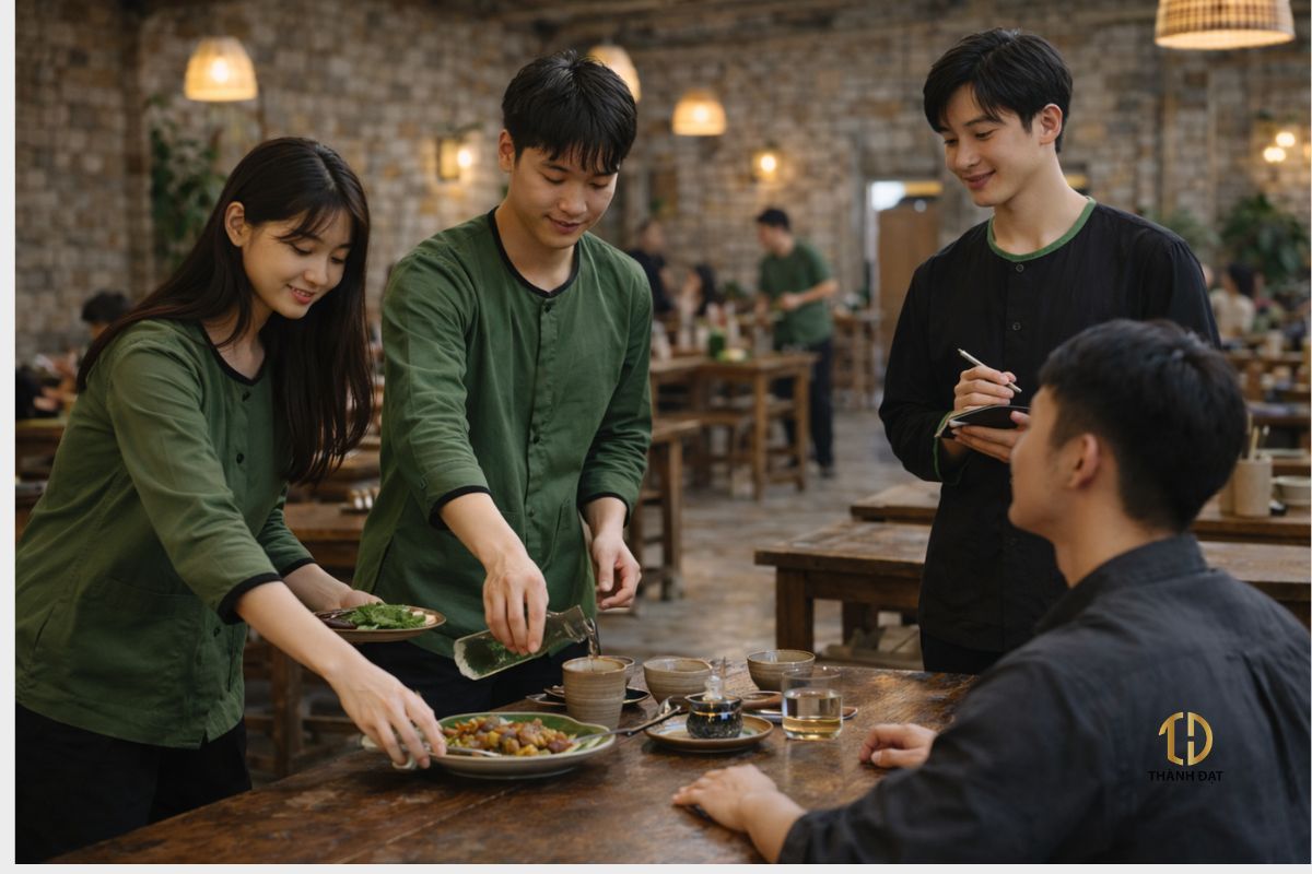 Đồng phục nhà hàng phong cách làng quê Việt Nam tông xanh lá và nâu đất
