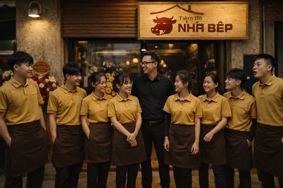 Đồng phục nhà hàng áo polo vàng mù tạt phối tạp dề nâu phong cách casual buffet