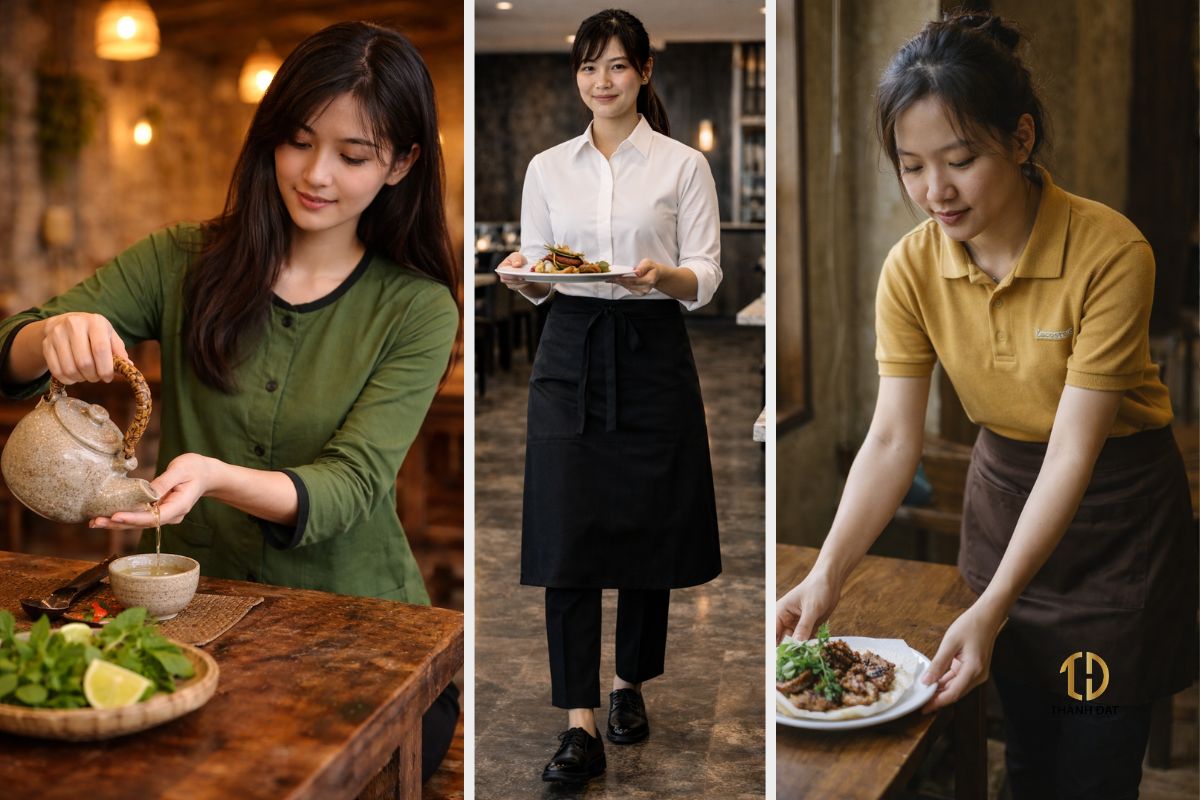 đồng phục nhân viên phục vụ nhà hàng tại Hà Nội form thoải mái dễ vận động