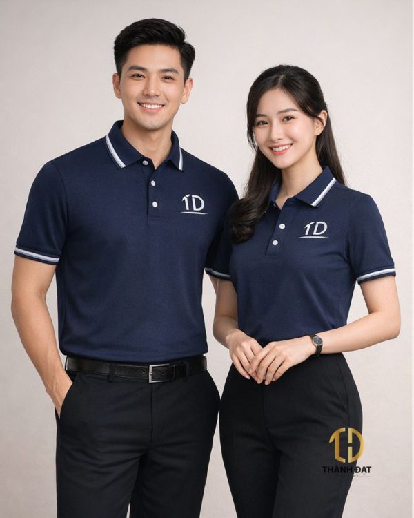 áo polo đồng phục công ty màu xanh navy phối viền nam nữ