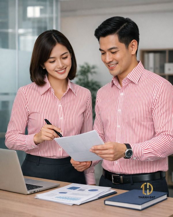 Áo sơ mi đồng phục công sở kẻ sọc đỏ trắng nam nữ thanh lịch tại Hà Nội