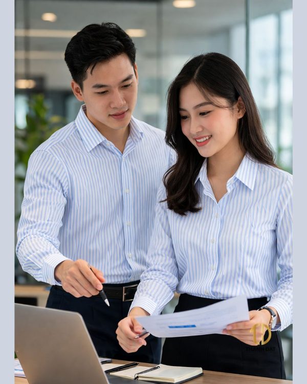 Áo sơ mi đồng phục công sở sọc xanh nhạt nam nữ phong cách thanh lịch tại văn phòng
